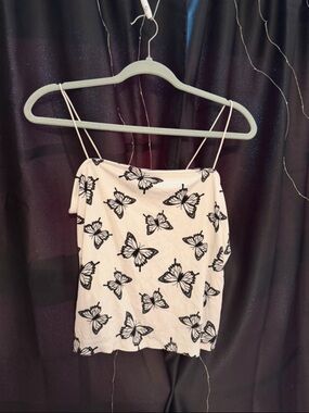 Forever 21 Cream Butterfly Print Spaghetti Strap Crop Top